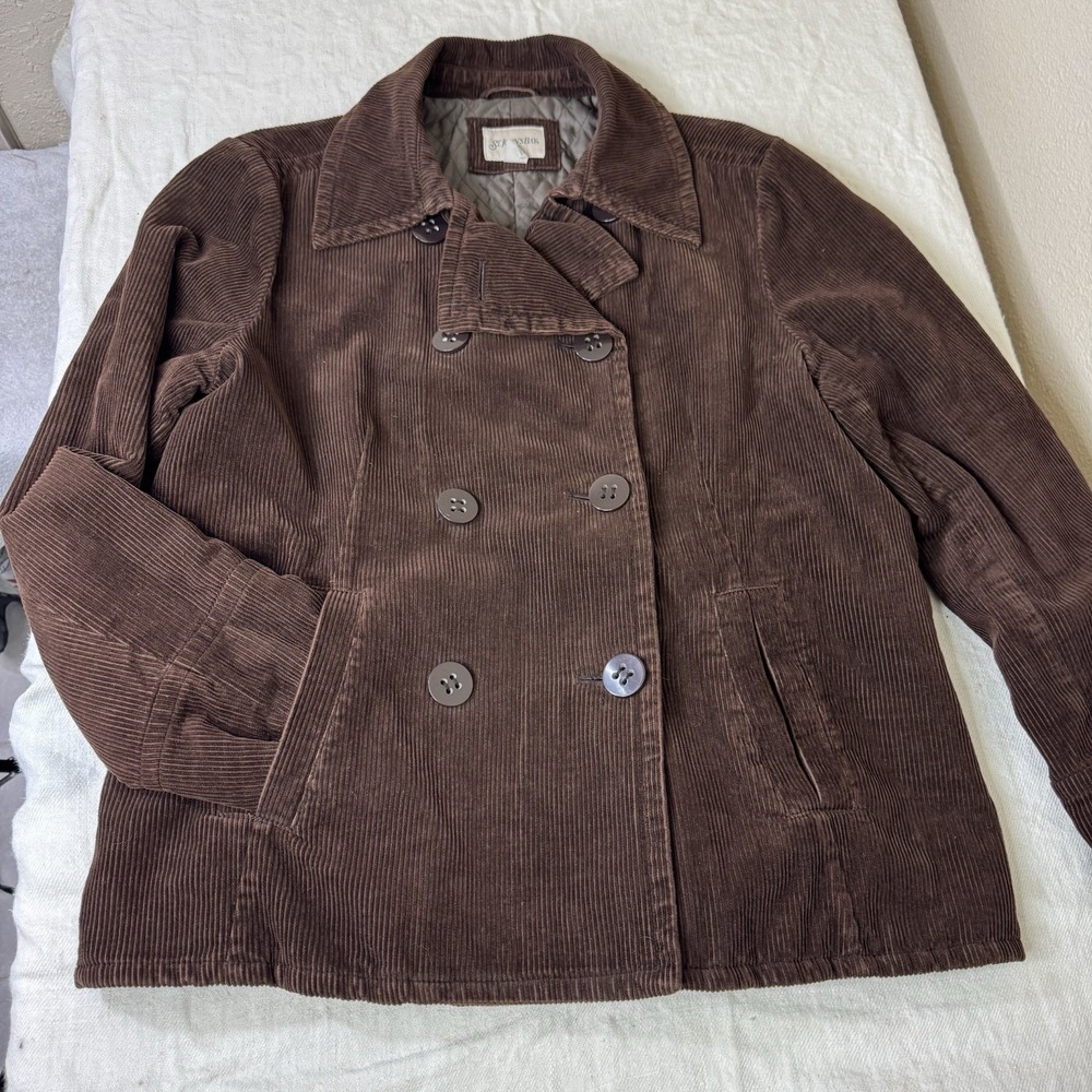 Vintage Y2K Womens Brown Corduroy Pea Coat Jacket Size XL Double Breasted 90s